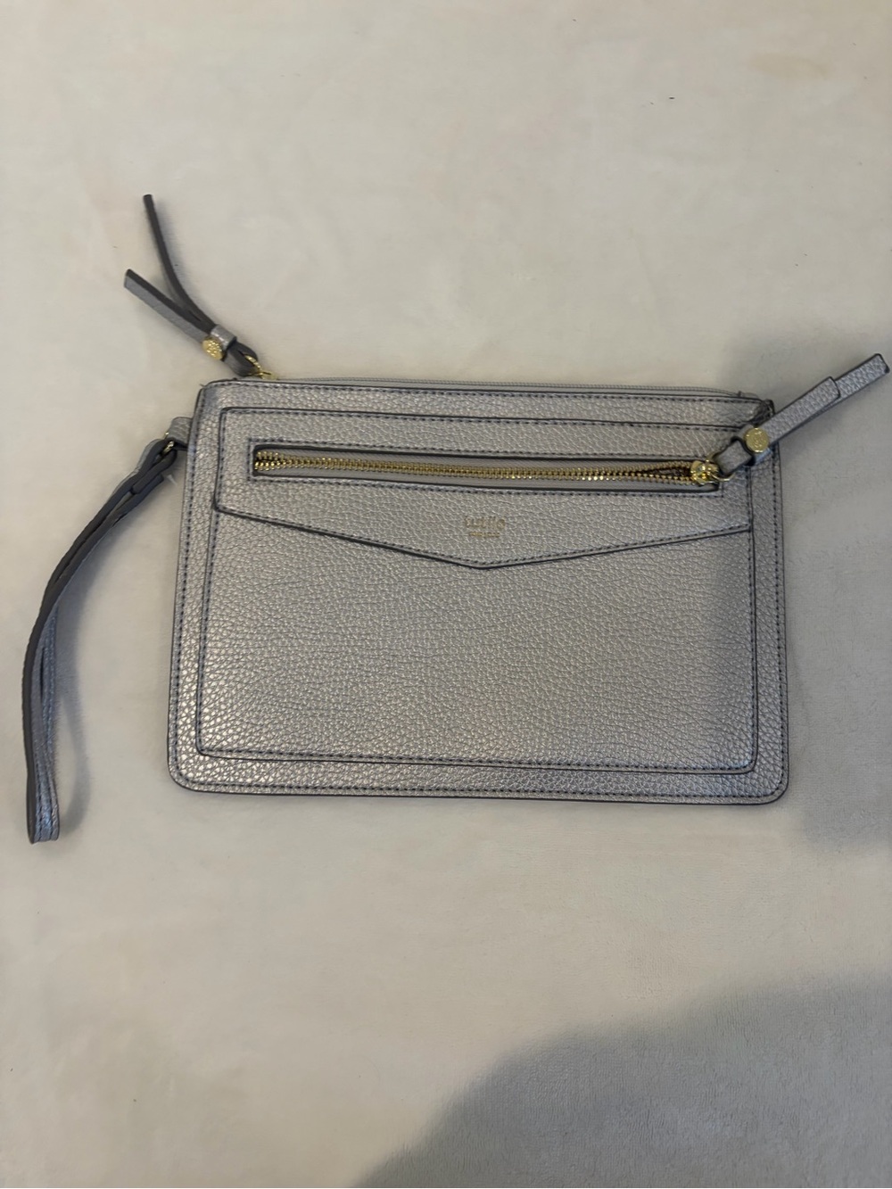 Pebbled Leather Wristlet Clutch in Light Gray with Gold Hardware
